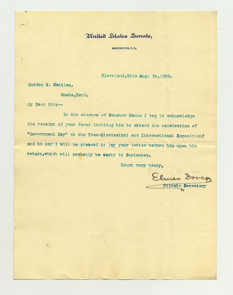Government Day Invitations; U. S. Senator - Ohio. 1 sheet previously folded in sixths. Letter.