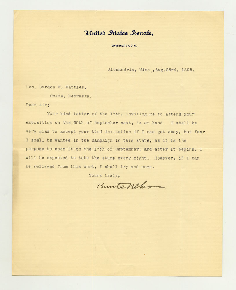 Government Day Invitations; U. S. Senator - Minnesota. 1 sheet previously folded in sixths. Letter.