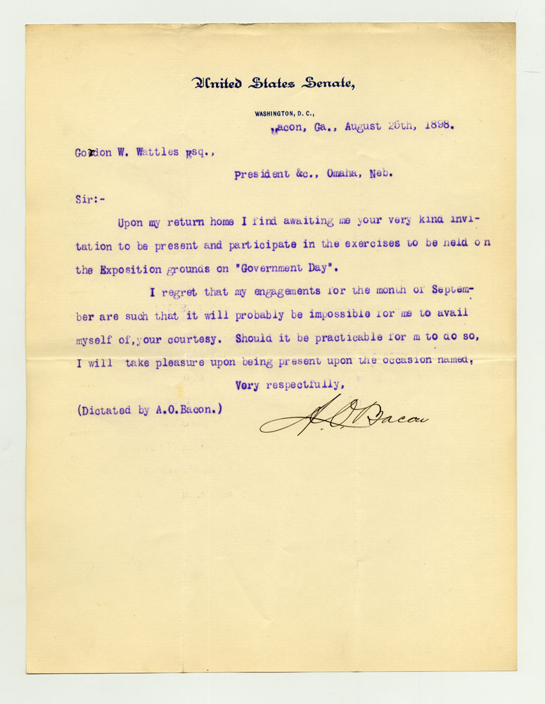 Government Day Invitations; U. S. Senator - Georgia. 1 sheet previously folded in sixths. Letter.