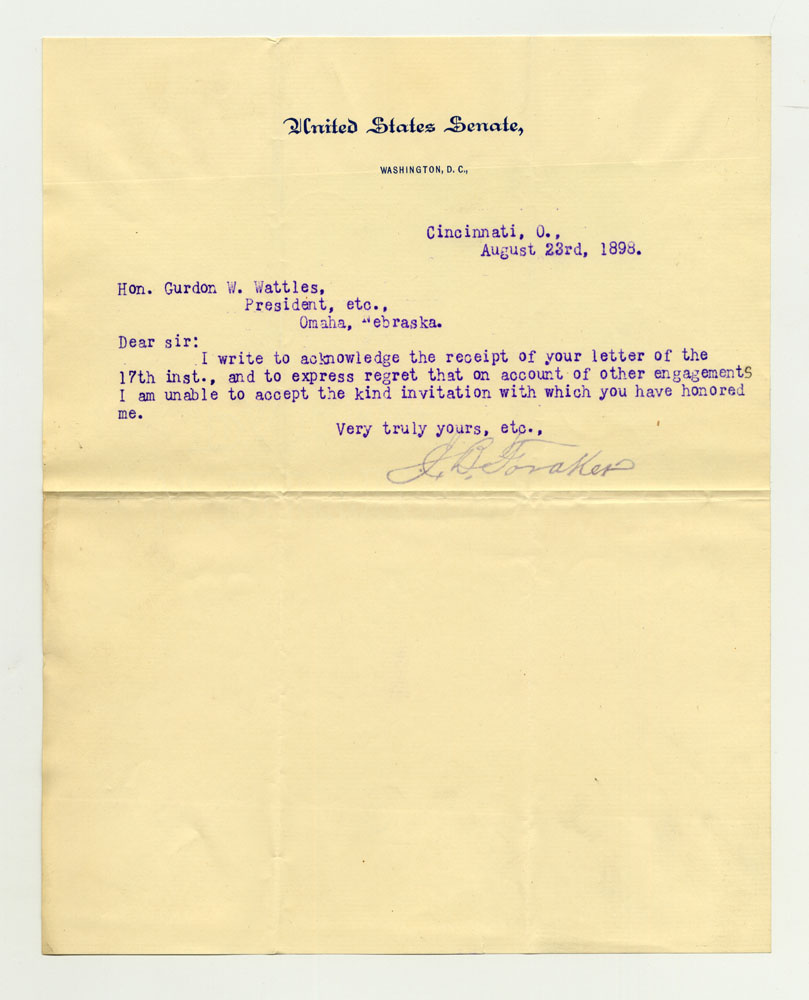 Government Day Invitations; U. S. Senator - Ohio. 1 sheet previously folded in sixths. Letter.