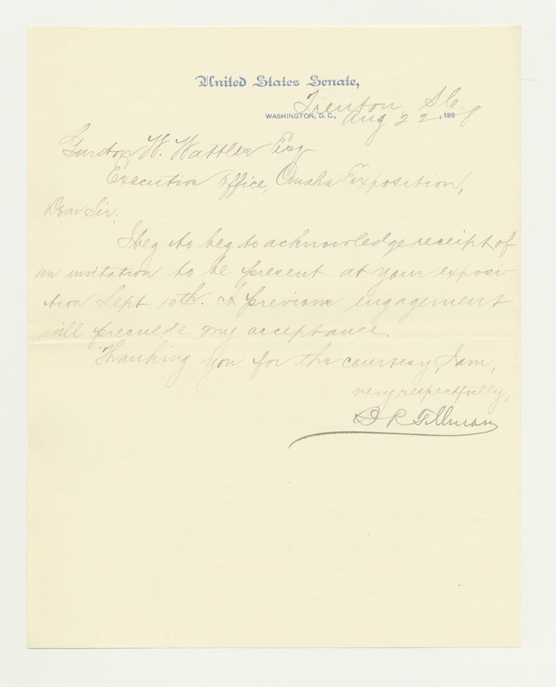 Government Day Invitations; U. S. Senator - South Carolina. 1 sheet previously folded in sixths. Letter.