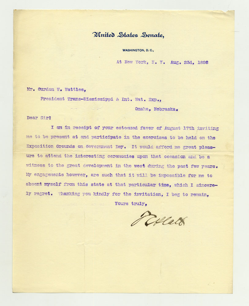 Government Day Invitations; U. S. Senator - New York. 1 sheet previously folded in sixths. Letter.