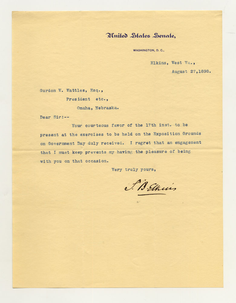 Government Day Invitations; U. S. Senator - West Virginia. 1 sheet previously folded in sixths. Letter.