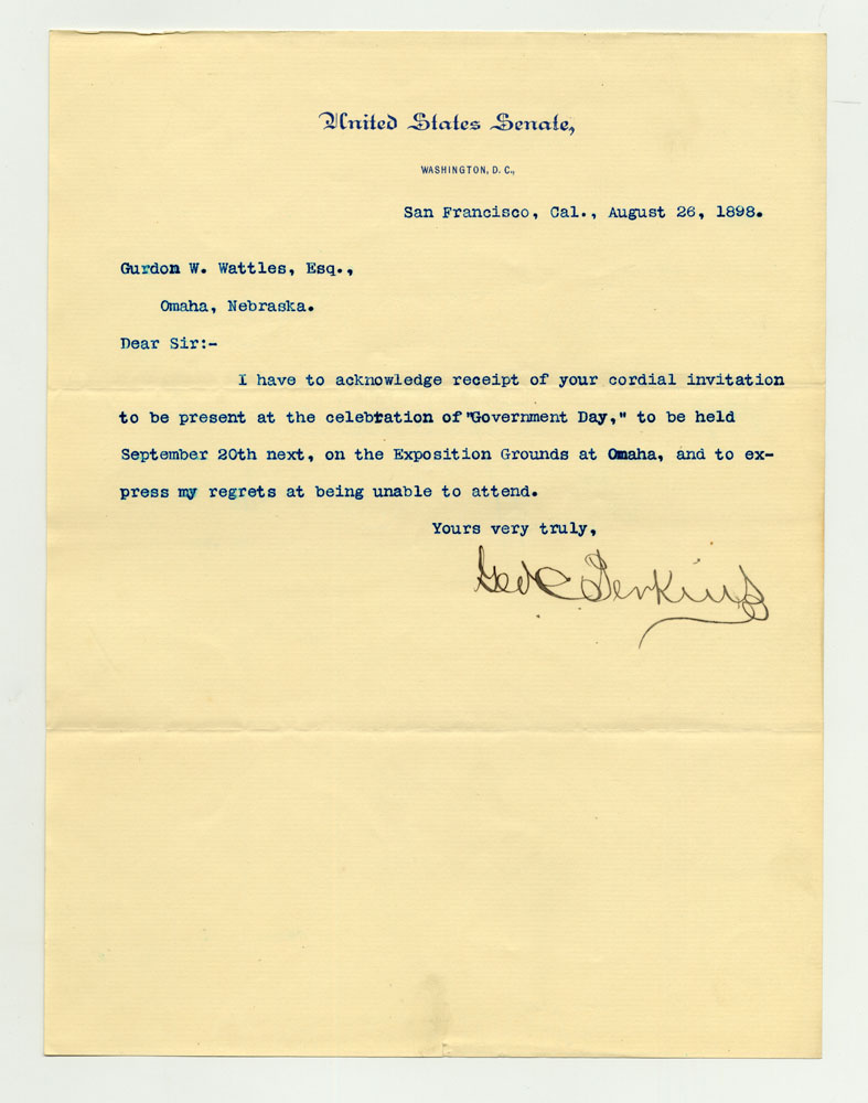 Government Day Invitations; U. S. Senator - California. 1 sheet previously folded in thirds. Letter.