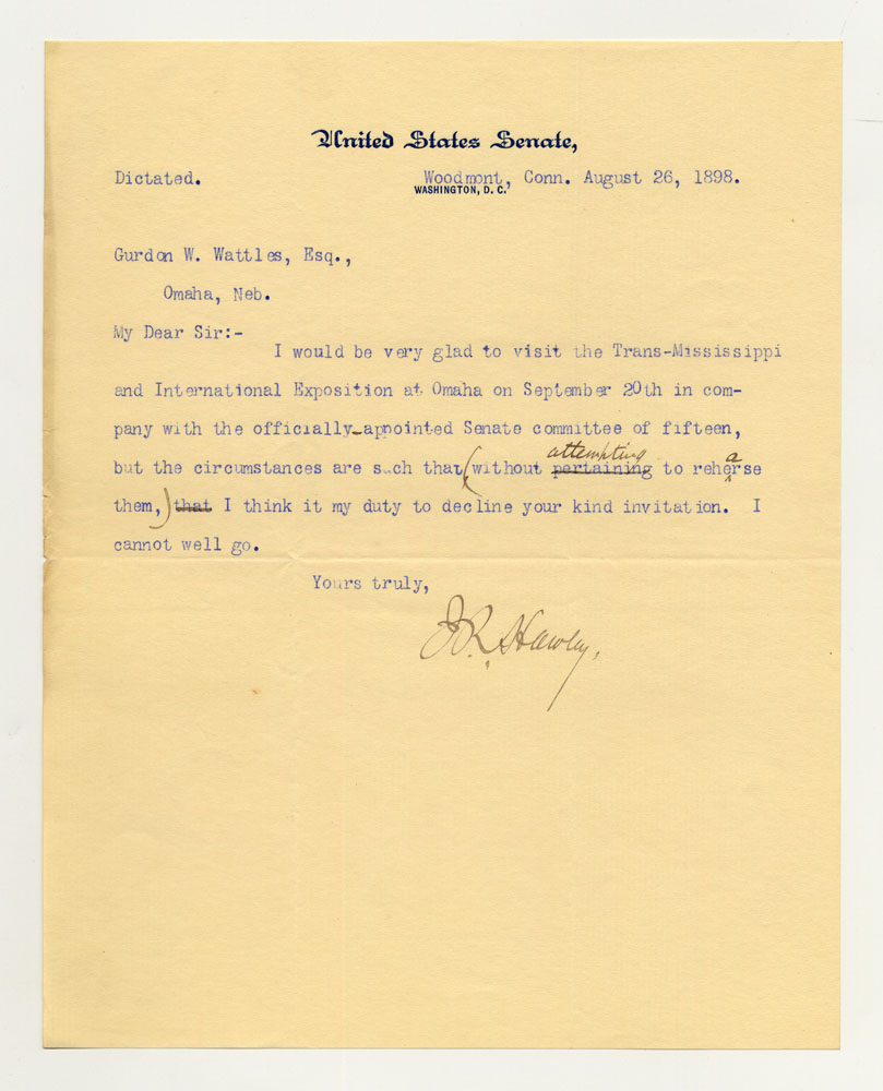 Government Day Invitations; U. S. Senator - Connecticut. 1 sheet previously folded in sixths. Letter.