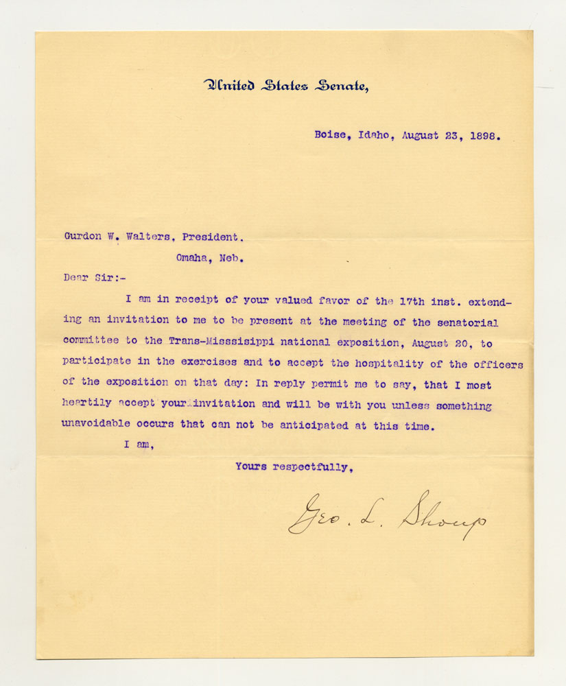 Government Day Invitations; U. S. Senator - Idaho. 1 sheet previously folded in quarters. Letter.