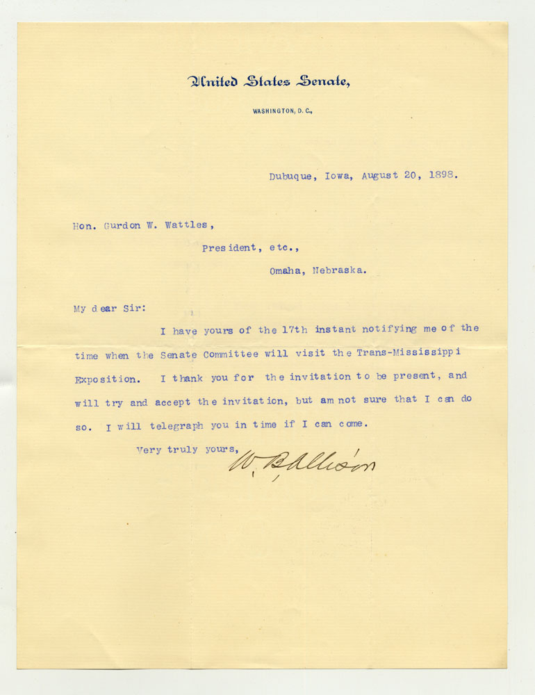 Government Day Invitations; U. S. Senator - Iowa. 1 sheet previously folded in sixths. Letter.