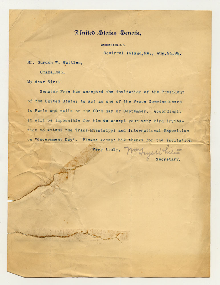 Government Day Invitations; U. S. Senator - Maine. 1 sheet previously folded in sixths; lower left corner badly torn. Letter.