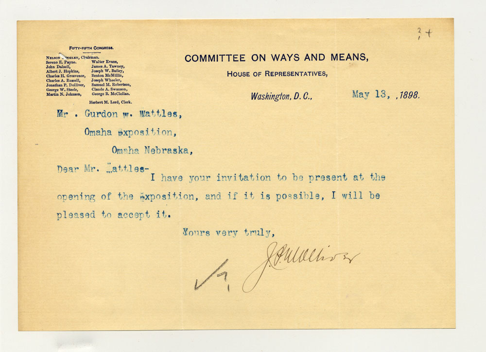 Opening Day Invitations; U. S. House of Representatives Committee on Ways and Means. 1 sheet previously folded in thirds. Letter.