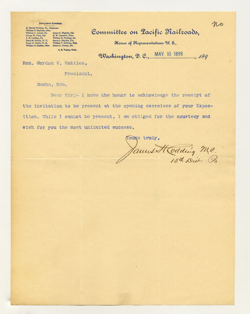 Opening Day Invitations; U. S. House of Representatives Committee on Pacific Railroads. 1 sheet previously folded in sixths. Letter.