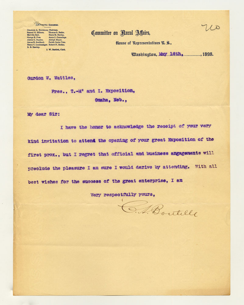 Opening Day Invitations; U. S. House of Representatives Committee on Naval Affairs. 1 sheet previously folded in thirds. Letter.