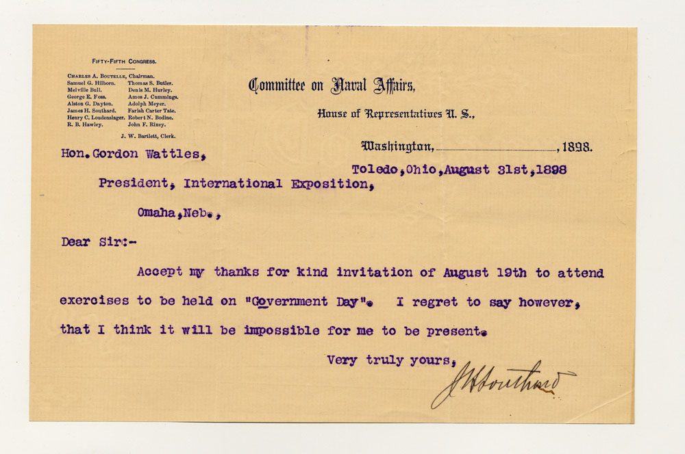 Government Day Invitations; U. S. House of Representatives Committee on Naval Affairs. 1 sheet previously folded in thirds. Letter.