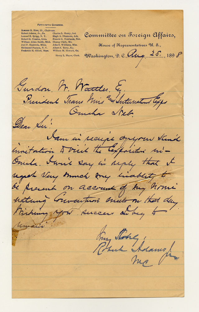 Government Day Invitations; U. S. House of Representatives Committee on Foreign Affairs. 1 sheet previously folded in thirds. Letter.