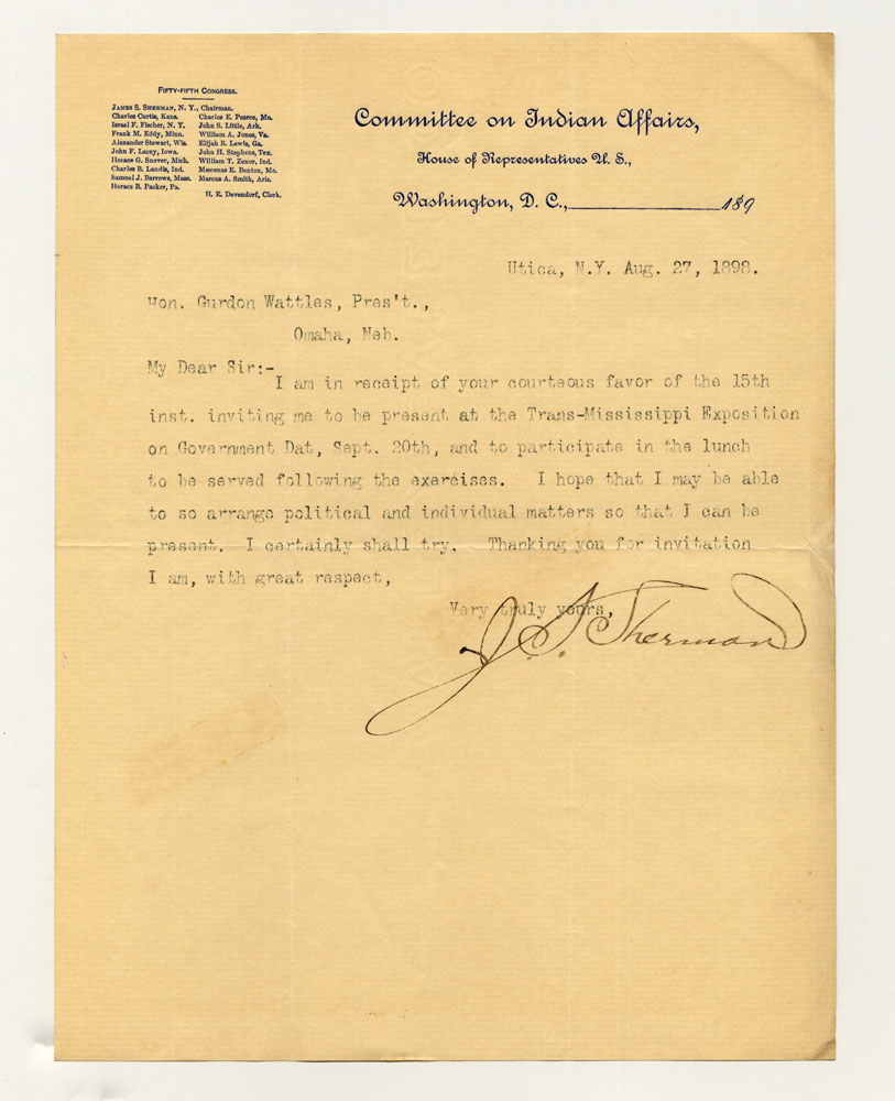 Government Day Invitations; U. S. House of Representatives Committee on Indian Affairs. 1 sheet previously folded in sixths. Letter.