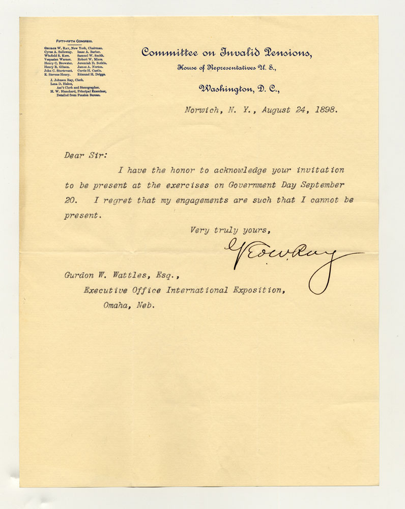 Government Day Invitations; U. S. House of Representatives Committee on Invalid Pensions. 1 sheet previously folded in sixths. Letter.