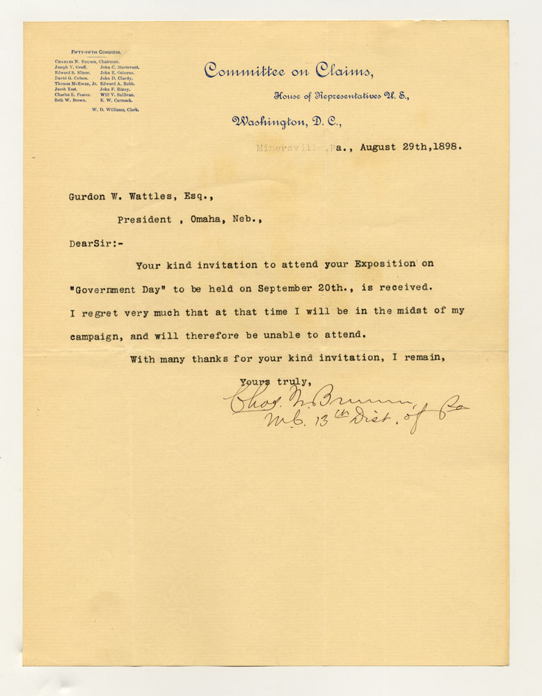Government Day Invitations; U. S. House of Representatives Committee on Claims. 1 sheet previously folded in sixths. Letter.