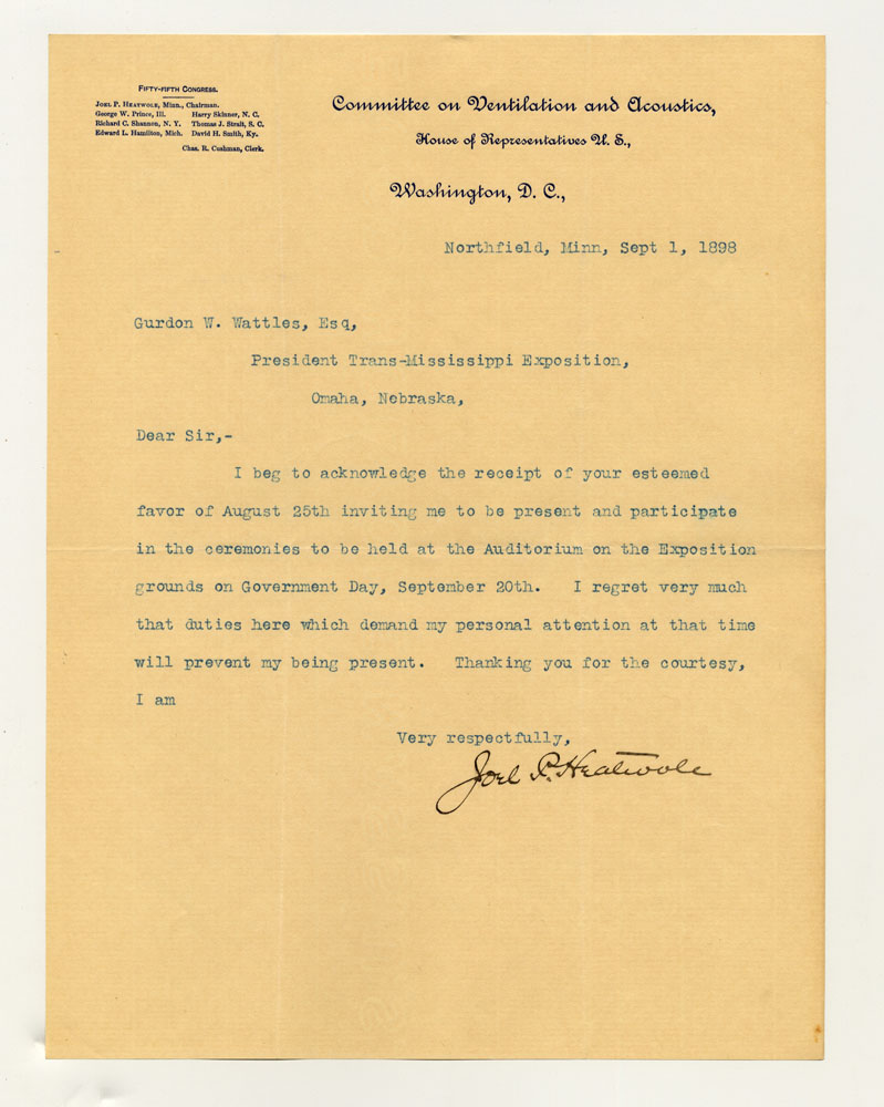 Government Day Invitations; U. S. House of Representatives Committee on Ventilation and Accoustics. 1 sheet previously folded in sixths. Letter.