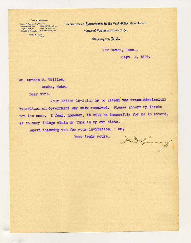 Government Day Invitations; U. S. House of Representatives Committee on Expenditures in the Post Office Department. 1 sheet previously folded in sixths. Letter.