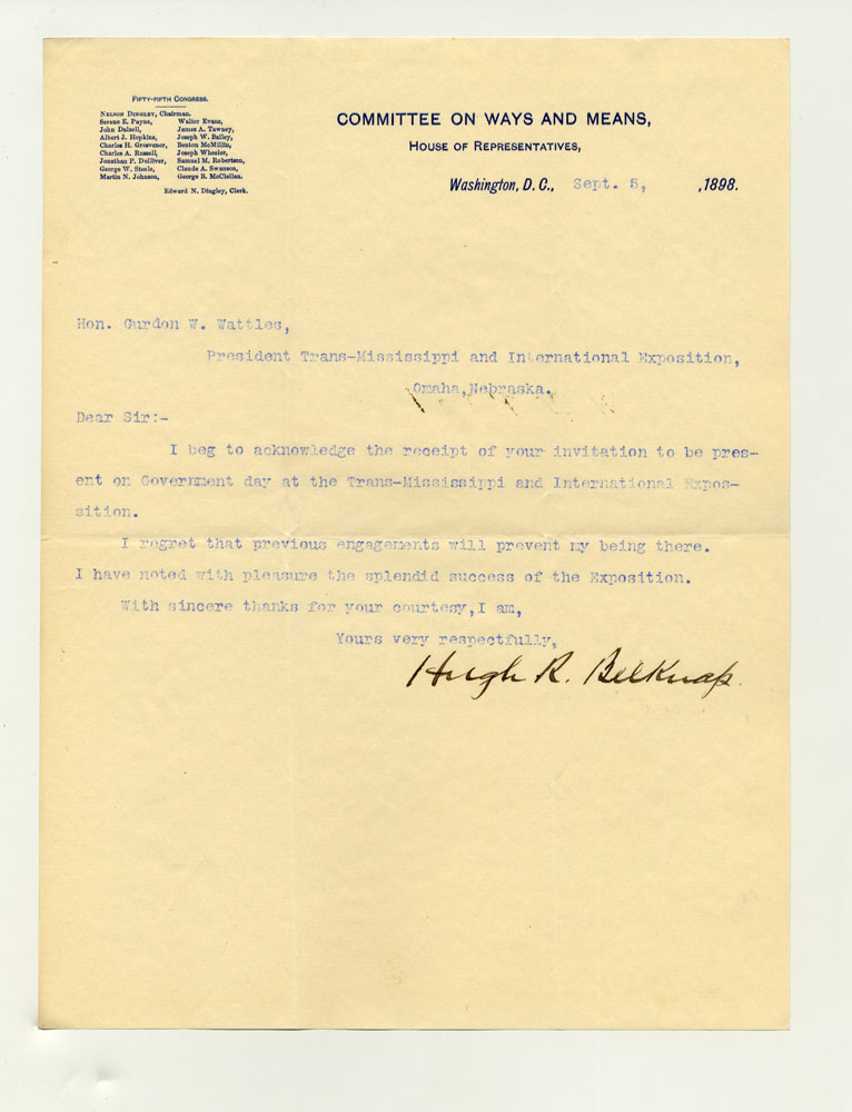 Government Day Invitations; U. S. House of Representatives Committee on Ways and Means. 1 sheet previously folded I234in sixths. Letter.