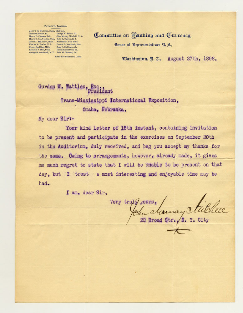 Government Day Invitations; U. S. House of Representatives Committee on Banking and Currency. 1 sheet previously folded in fifteenths. Letter.