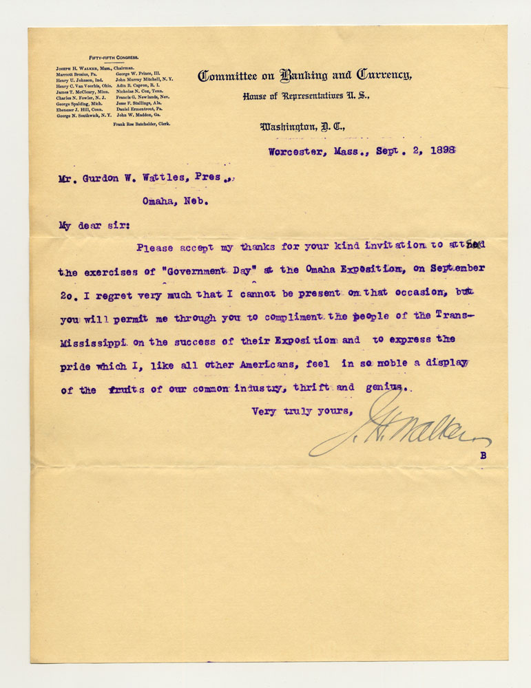 Government Day Invitations; U. S. House of Representatives Committee on Banking and Currency. 1 sheet previously folded in thirds. Letter.