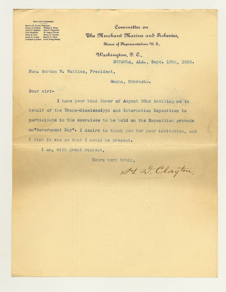 Government Day Invitations; U. S. House of Representatives Committee on the Merchant Marine and Fisheries. 1 sheet previously folded in sixths. Letter.