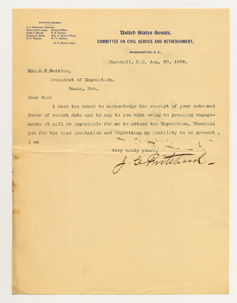 Government Day Invitations; U. S. Senate Committee on Civil Service and Retrenchment. 1 sheet previously folded in sixths. Letter.