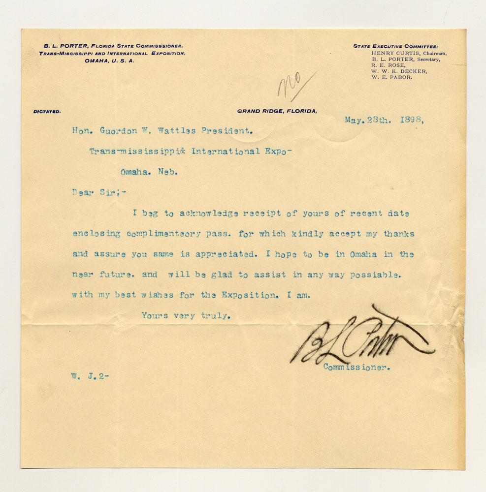 Invitations to Exposition; Florida State Commissioner. 1 sheet previously folded in sixths. Letter.