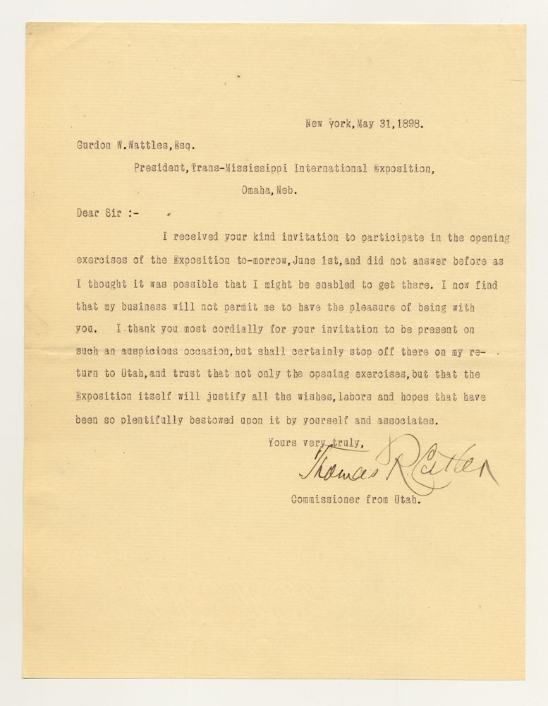 Opening Day Invitations; Utah Commissioner.1 sheet previously folded in sixths. Letter.