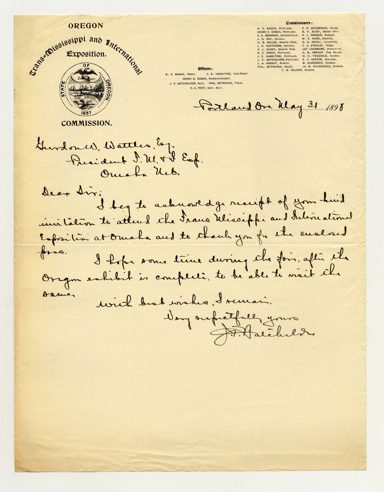 Opening Day Invitations; Oregon Commissioner. 1 sheet previously folded in sixths. Letter.