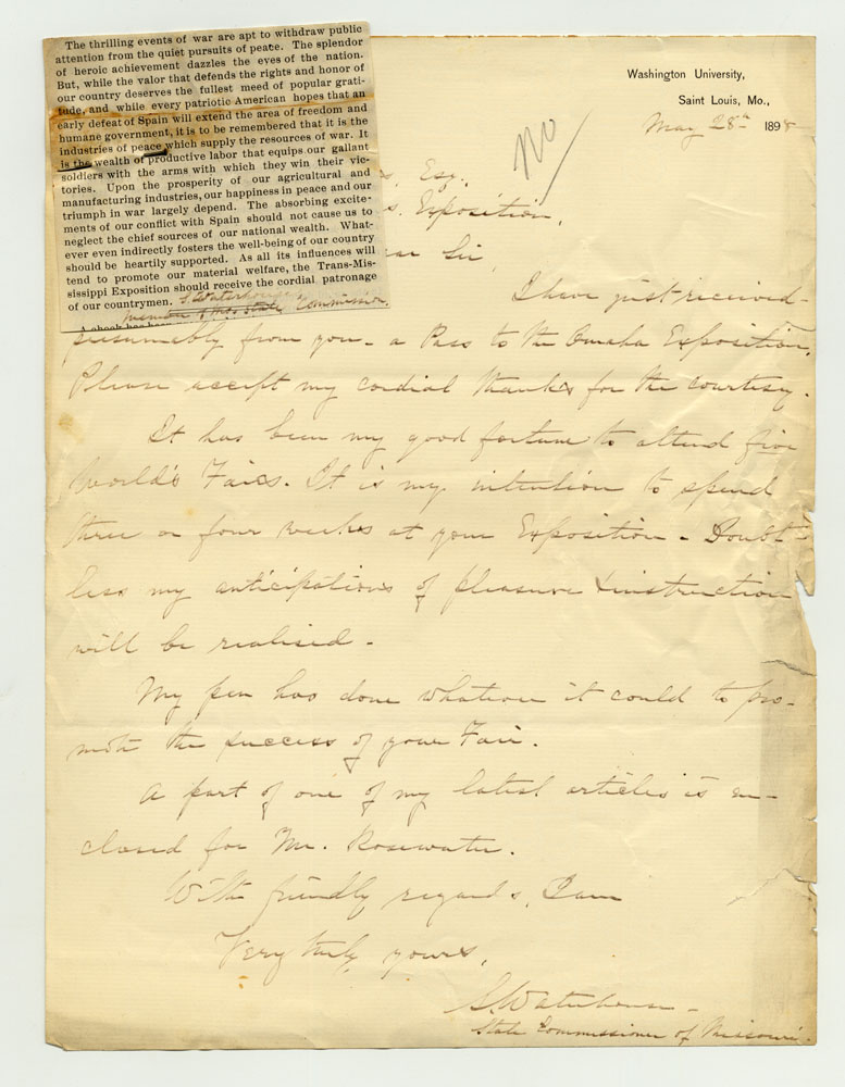 Invitations to Exposition; Missouri Commissioner. 1 sheet previously folded in thirds. Letter; newspaper clipping attachment.