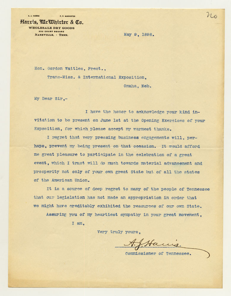 Opening Day Invitations; Tennessee Commissioner. 1 sheet previously folded in sixths. Letter.