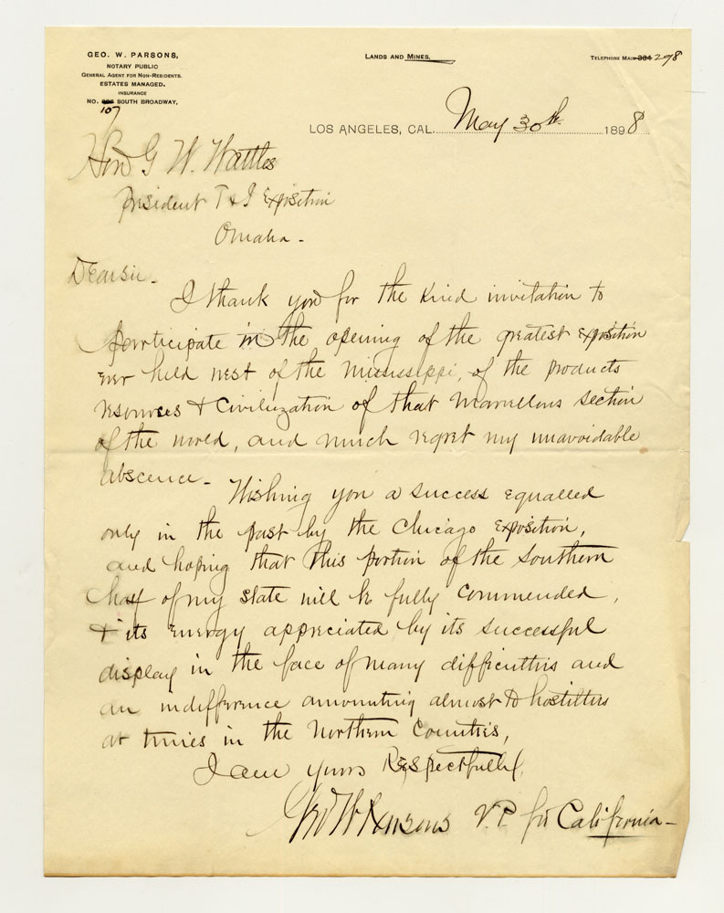 Opening Day Invitations; Vice-President of Commission. 1 sheet previously folded in sixths. Letter.