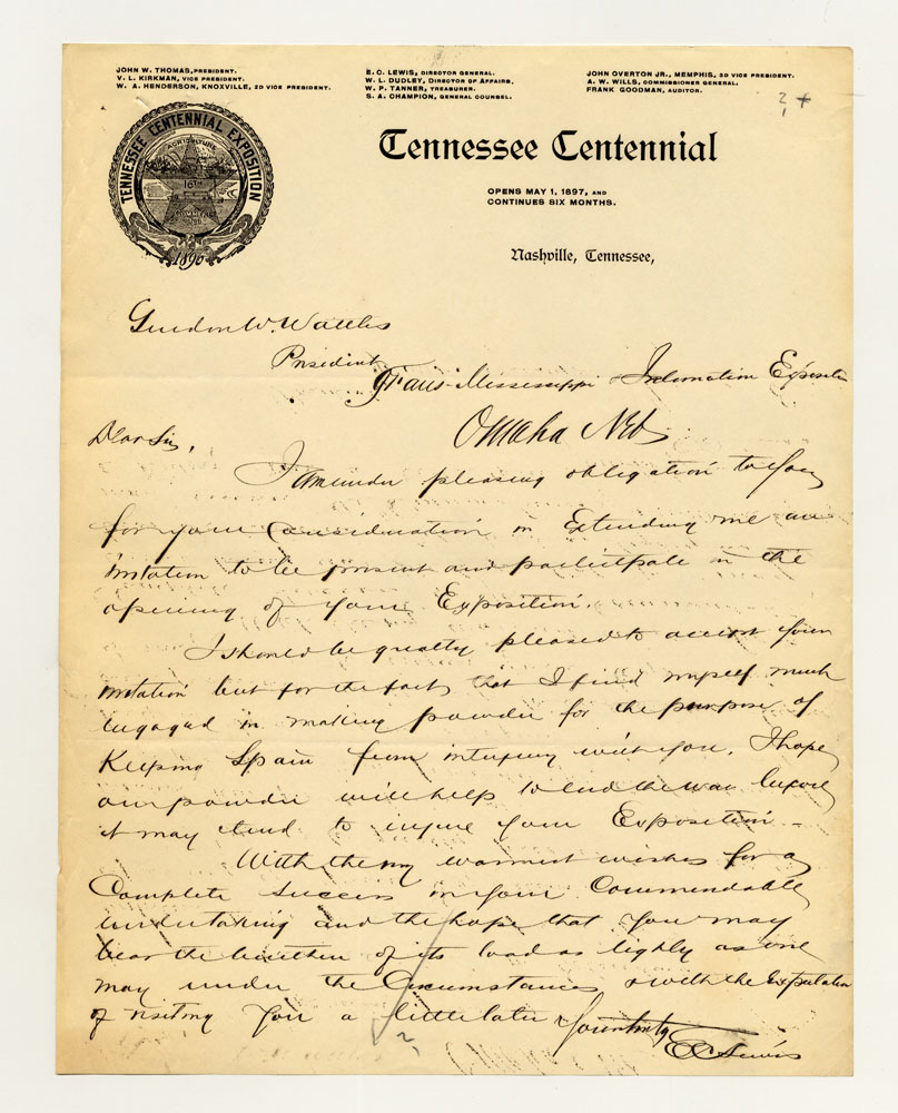 Opening Day Invitations; Tennessee Centennial Exposition 1897. 1 sheet previously folded in thirds. Letter.