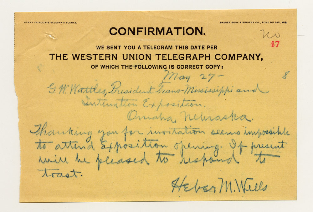 Opening Day Invitations. 1 sheet previously folded in thirds. Telegram.