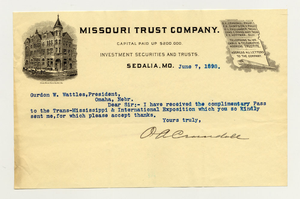 Opening Day Invitations; Missouri Commissioner. 1 sheet previously folded in thirds. Letter.