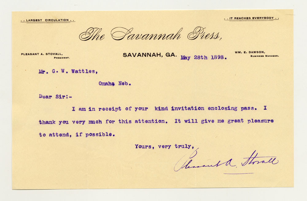 Opening Day Invitations; Georgia Commissioner. 1 sheet previously folded in thirds. Letter.