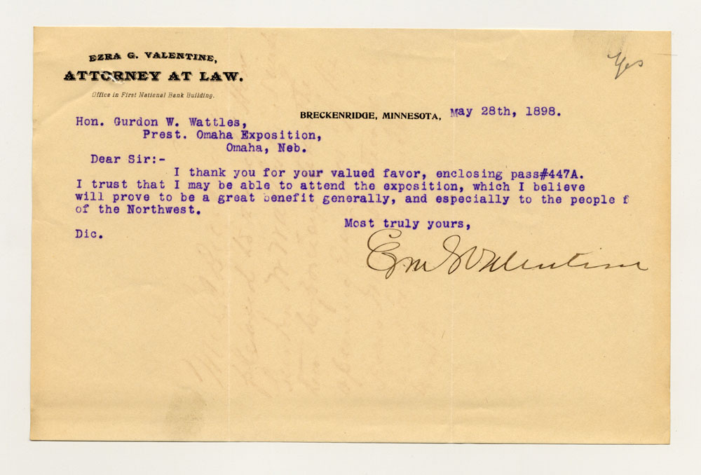 Opening Day Invitations; Minnesota Commissioner. 1 sheet previously folded in thirds. Letter.
