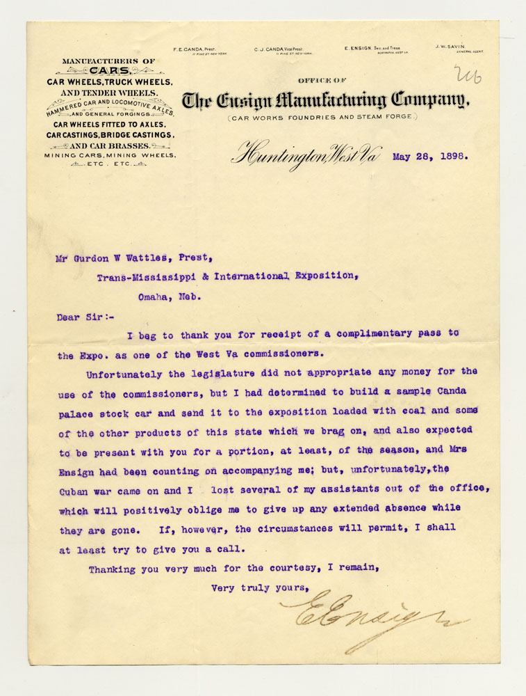 Opening Day Invitations; West Virginia Commissioner. 1 sheet previously folded in sixths. Letter.