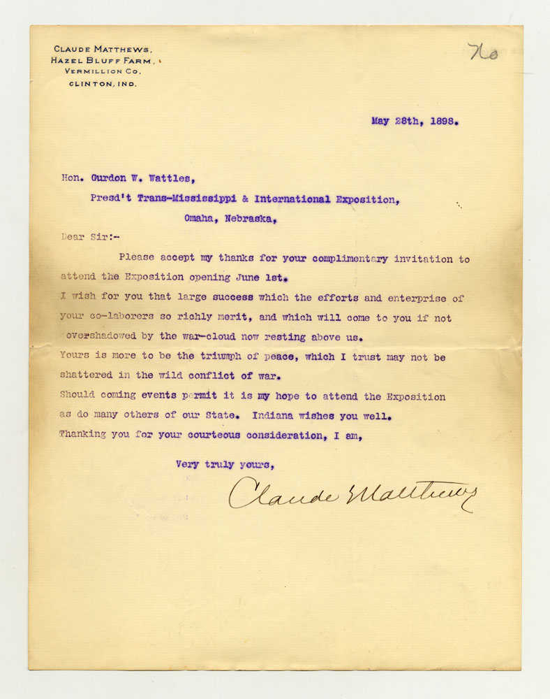 Opening Day Invitations; Indiana Commissioner. 1 sheet previously folded in sixths. Letter.