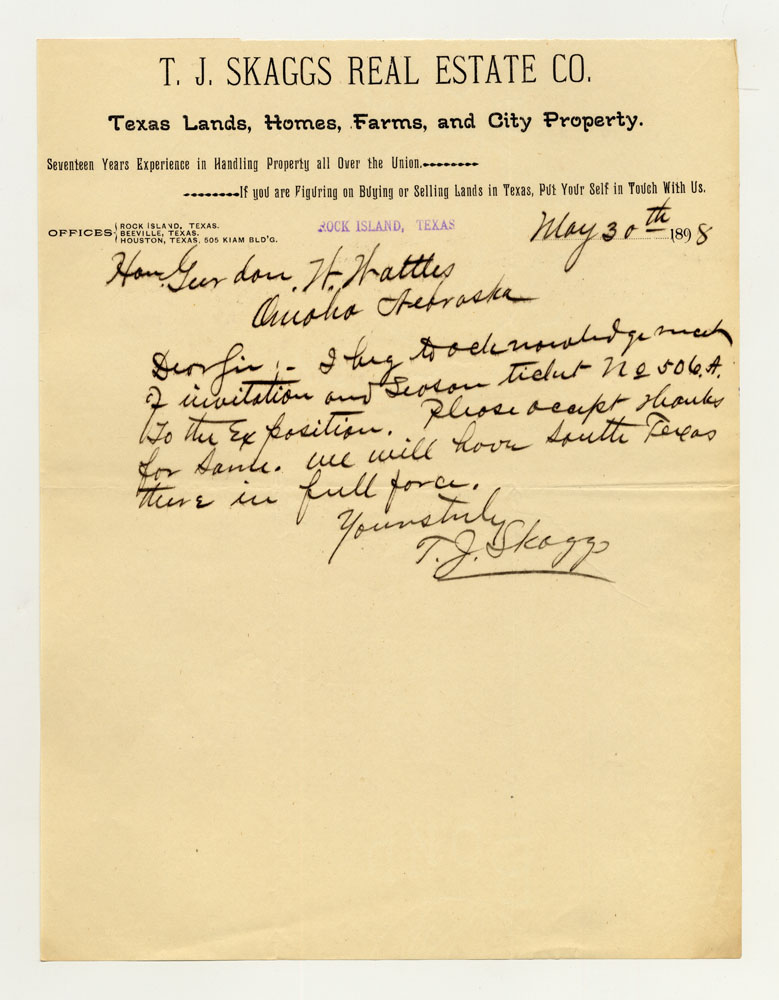 Opening Day Invitations; Texas Commissioner. 1 sheet previously folded in sixths. Letter.