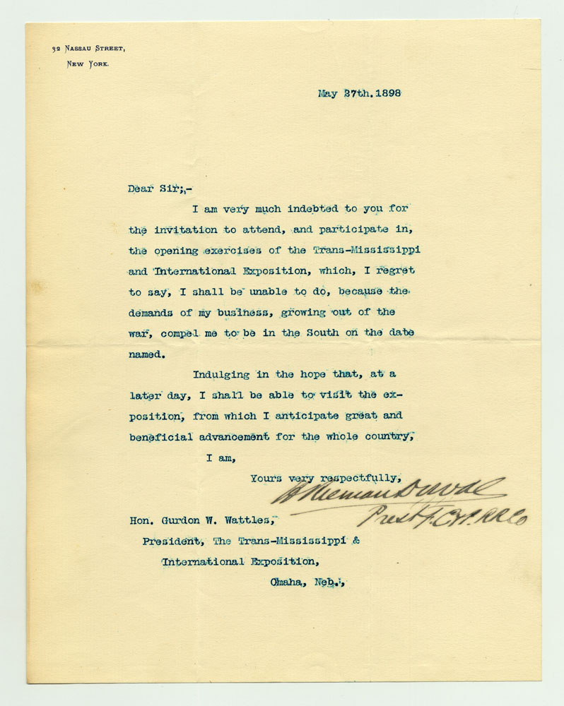 Opening Day Invitations; Railroad Officials. 1 sheet previously folded in sixths. Letter.