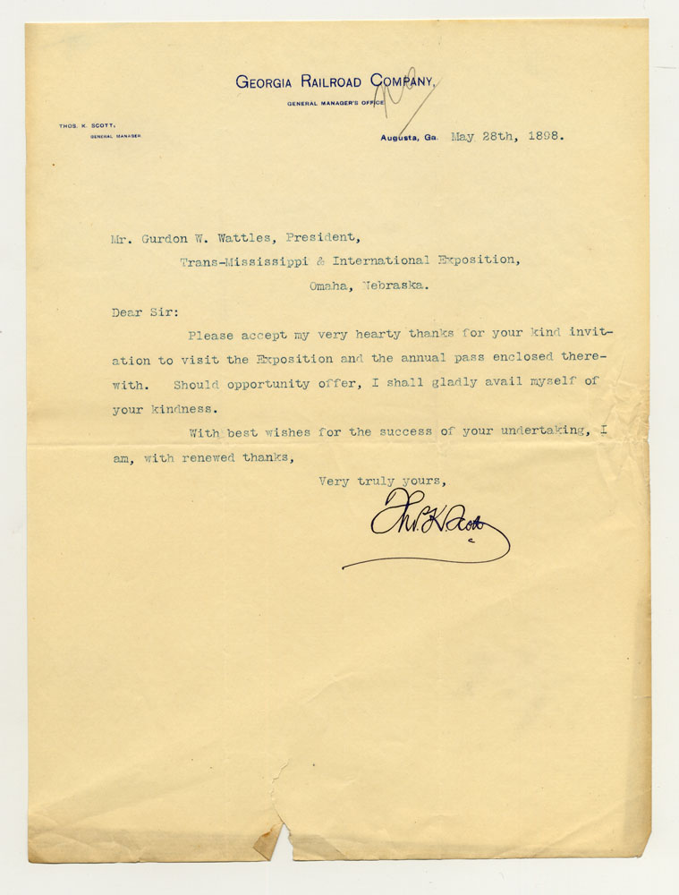 Opening Day Invitations; Railroad Officials. 1 sheet previously folded in sixths. Letter.