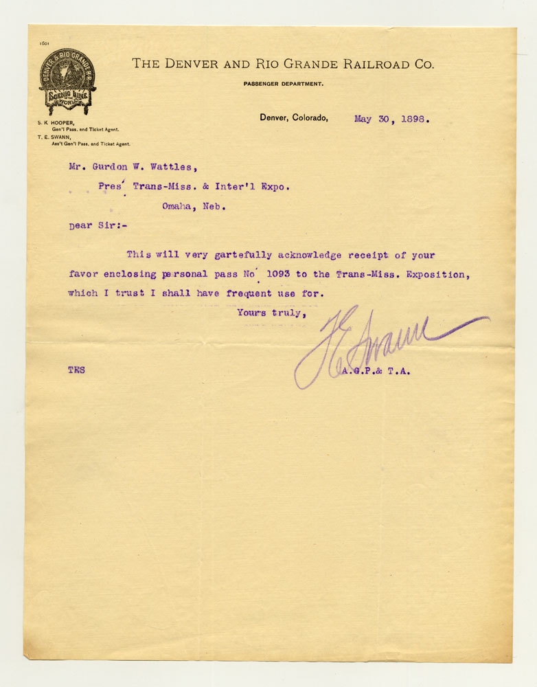 Opening Day Invitations; Railroad Officials. 1 sheet previously folded in sixths. Letter.