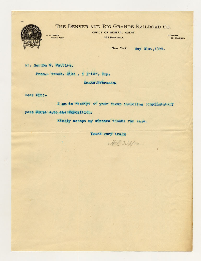 Opening Day Invitations; Railroad Officials. 1 sheet previously folded in sixths. Letter.