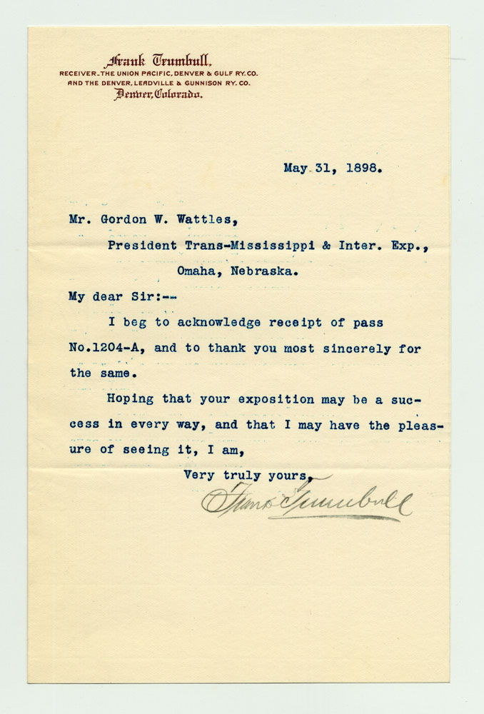 Opening Day Invitations; Railroad Officials. 1 sheet previously folded in thirds. Letter.