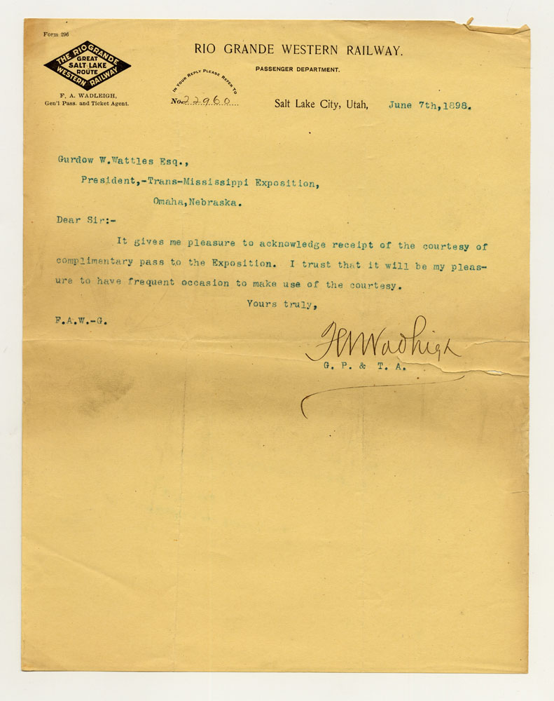 Opening Day Invitations; Railroad Officials. 1 sheet previously folded in sixths. Letter.