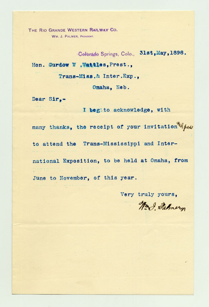 Opening Day Invitations; Railroad Officials. 1 sheet previously folded in thirds. Letter.