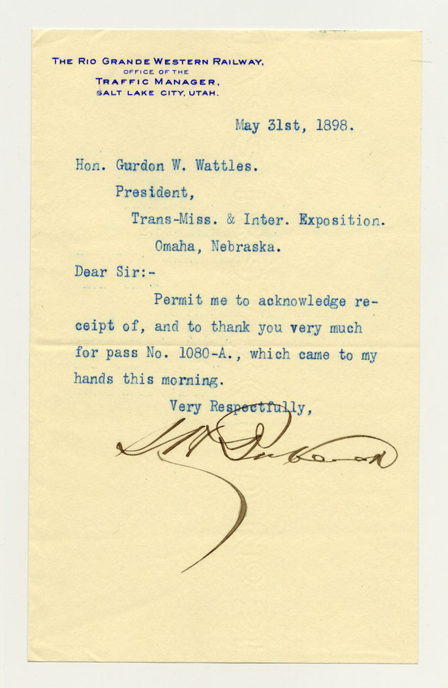 Opening Day Invitations; Railroad Officials. 1 sheet previously folded in half. Letter.