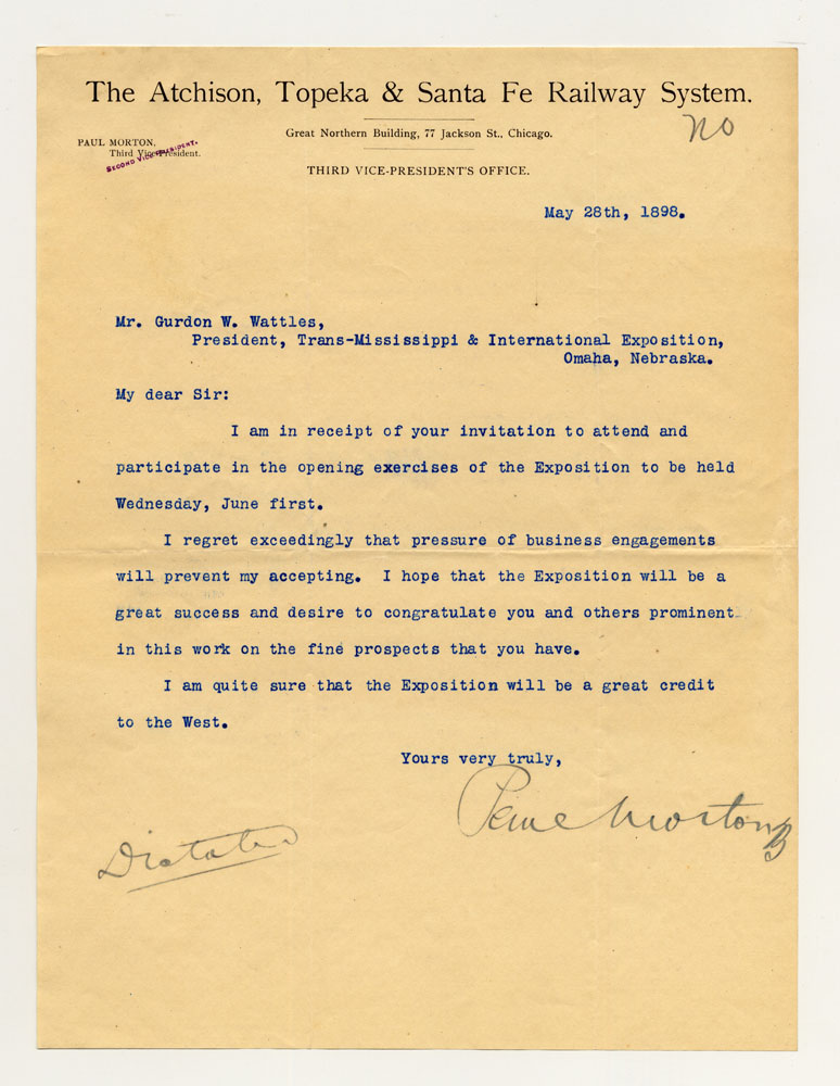 Opening Day Invitations; Railroad Officials. 1 sheet previously folded in sixths. Letter.
